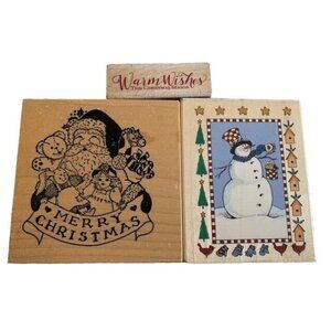 Assorted Wooden Rubber Stamps Set Christmas Santa Snowman Craft Fun